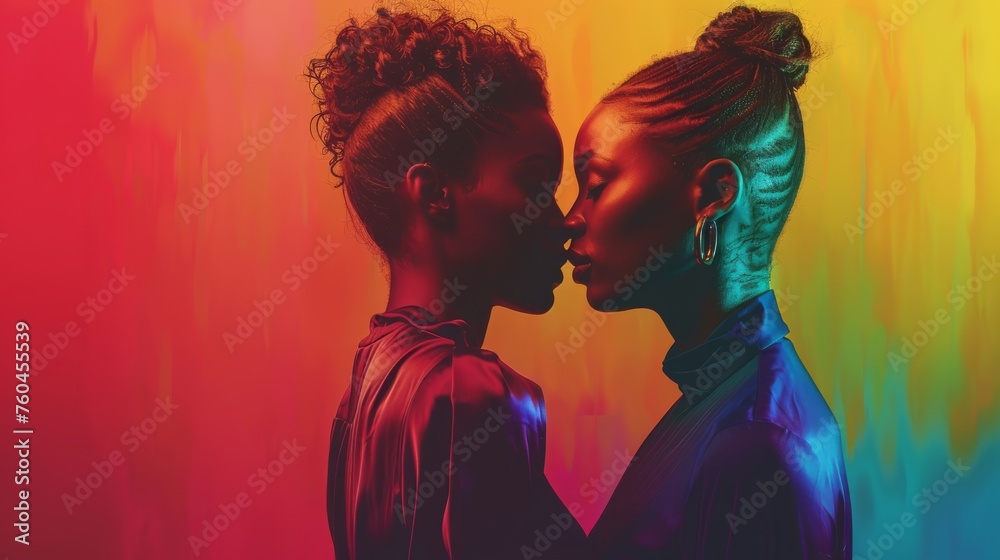 Intimate couple silhouette with colorful lighting, showcasing togetherness