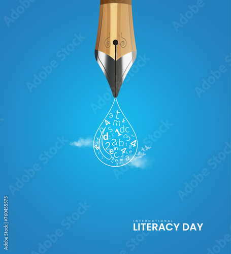 International Literacy day, pen with water drop icon, save child, design for social media banner, poster, vector illustration.