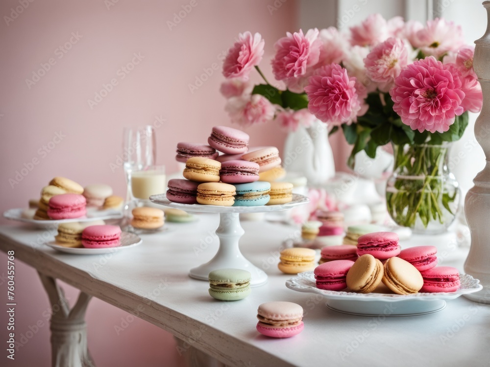 A table with a dessert of macaroons and a vase with pink flowers A table with a dessert of macaroons and a vase with pink flowers