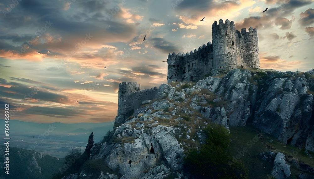 Fototapeta premium Medieval castle on a rocky hilltop crag
