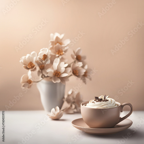 Cup of coffee and flowers. Gorgeous neutral magnolia flowers in a vase with a taupe cup of hot drink with cream and chocolate chip. Warm beige background. Inviting colors and textures peceful scene. photo