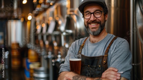 Cheerful brewmaster with beer glass in brewery standing confidently