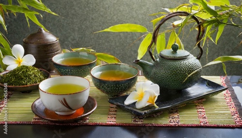 cup of tea and teapot with flowers