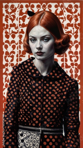 portrait of a woman in style collage art red and black. polka dots photo