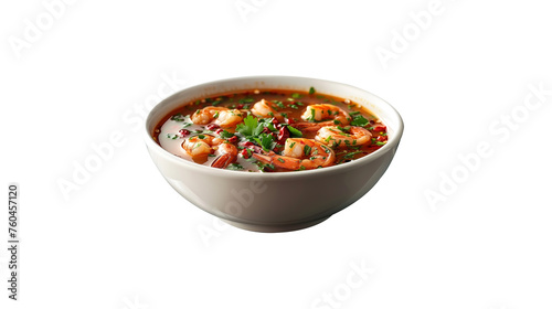 A spicy prawn soup in a white bowl from a top view on a transparent background  