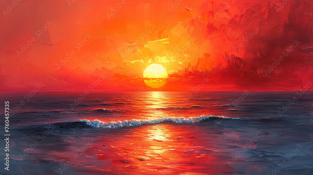 Exotisches Gemälde: Sonnenuntergang in den Tropen - obrazy, fototapety, plakaty 