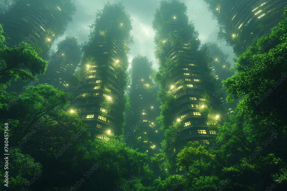 This urban oasis blends towering skyscrapers with lush greenery, a Living City concept realized with sustainable style, natural color grading, and a high-tech eco-friendly glow. Generative AI