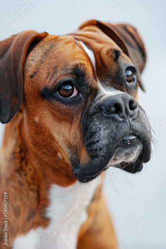 Muzzle of a tiger-colored boxer dog in close-up. A detailed view of the muzzle of a stunning boxer dog. © Евгений Федоров
