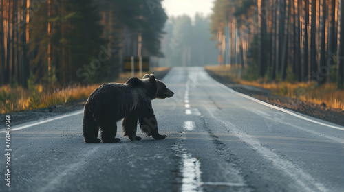 Bear standing on the road near forest at early morning or evening time Road hazards wildlife and transport