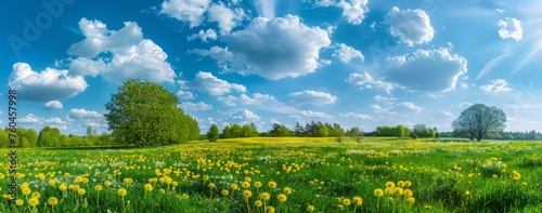 panoramic view of a green meadow with trees and a blue sky