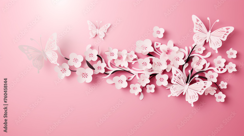 illustration with cherry tree flowers and butterflies silhouette on pink background
