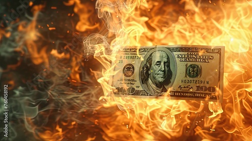Burning dollar banknote. Abstract background. Close-up. Flames. Troubled economy depicted by burning dollar. photo