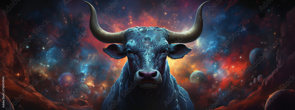 A hyper-realistic portrayal of a zebu amidst the alien wonders of the galaxy with a detailed solar system in the background Low texture - obrazy, fototapety, plakaty 