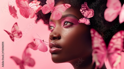 A picturesque portrait capturing the charm of an African American girl surrounded by lively pink butterflies on a seamless studio pink background, promoting the concept of natural cosmetic products an