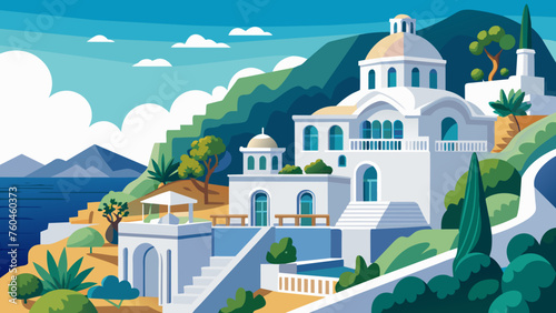greek villa and mountain