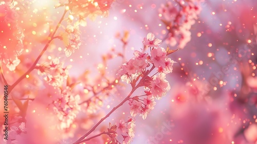 Moving panorama with a cherry blossom tree against pale pink sky with multi-colored sparkling highlights. Beautiful trendy view of japanese sakura. Stylish colors of nature,generative ai, 