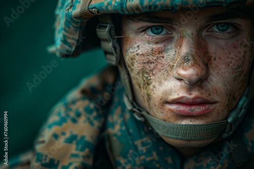 Focused marine in combat gear with intense gaze and camouflaged face photo