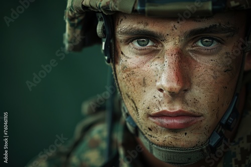 Intense gaze of a military man in full combat gear, evoking dedication and bravery