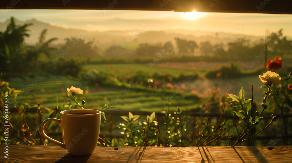 Morning Coffee with a Countryside View
. A steaming cup of coffee sits on a rustic windowsill, inviting a peaceful moment overlooking a sunlit pastoral landscape.
