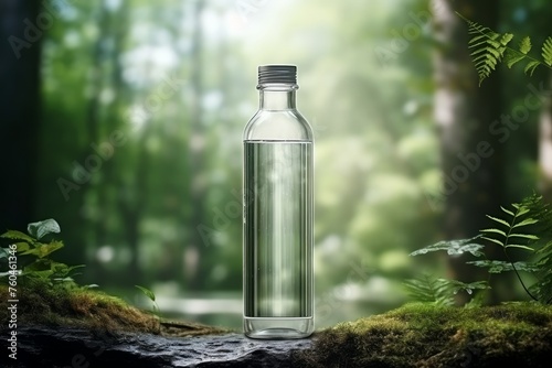 A bottle of clean water in a natural environment against the background of a green forest. The concept of pure natural mountain water. 