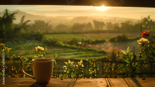 Morning Coffee with a Countryside View . A steaming cup of coffee sits on a rustic windowsill, inviting a peaceful moment overlooking a sunlit pastoral landscape. 