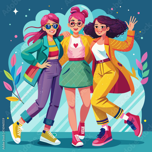 Fashionable girls in bright clothes. Vector illustration in cartoon style