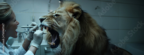 lion at the dentist as creative conceptual advertising for a dental clinic photo