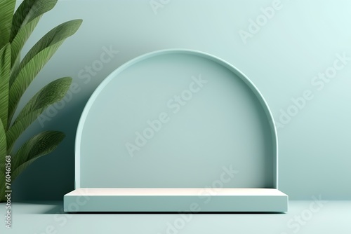 Green Arch Podium Display Trendy Minimal Studio Banner Empty Frame Mockup On Pastel Blue Color