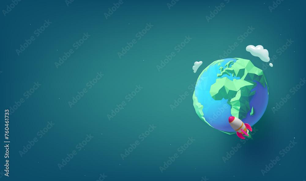 Horizontal illustration of a rocket orbiting the earth Horizontal illustration of a rocket orbiting the earth