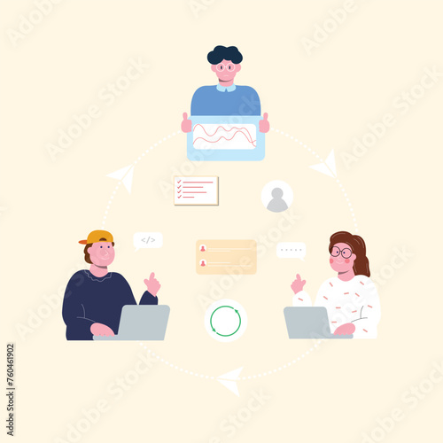 team work at home vector flat illustration style online career illustration room coworkers young  freelancer working on laptop or computer at home simple concept