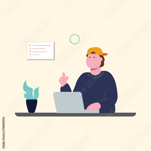 work at home vector flat illustration style online career illustration room coworkers young  freelancer working on laptop or computer at home simple concept