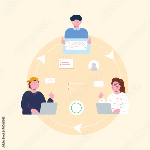 team work at home vector flat illustration style online career illustration room coworkers young  freelancer working on laptop or computer at home simple concept