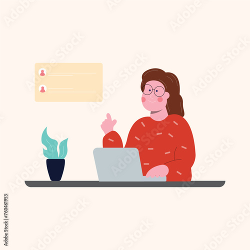 work at home vector flat illustration style online career illustration room coworkers young  freelancer working on laptop or computer at home simple concept