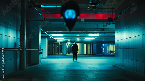 Man Walking Under Surveillance in Neon-lit Hallway . A lone man walks through a brightly lit corridor with neon lights, under the watchful eye of a security camera. 