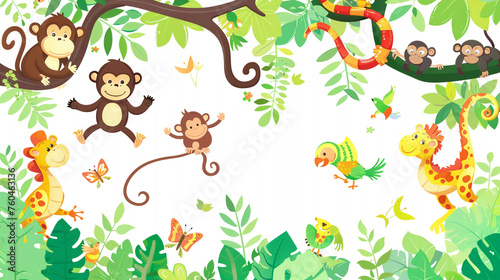 A group of clipart jungle animals including monkeys  parrots  and snakes  swinging and slithering through the trees.