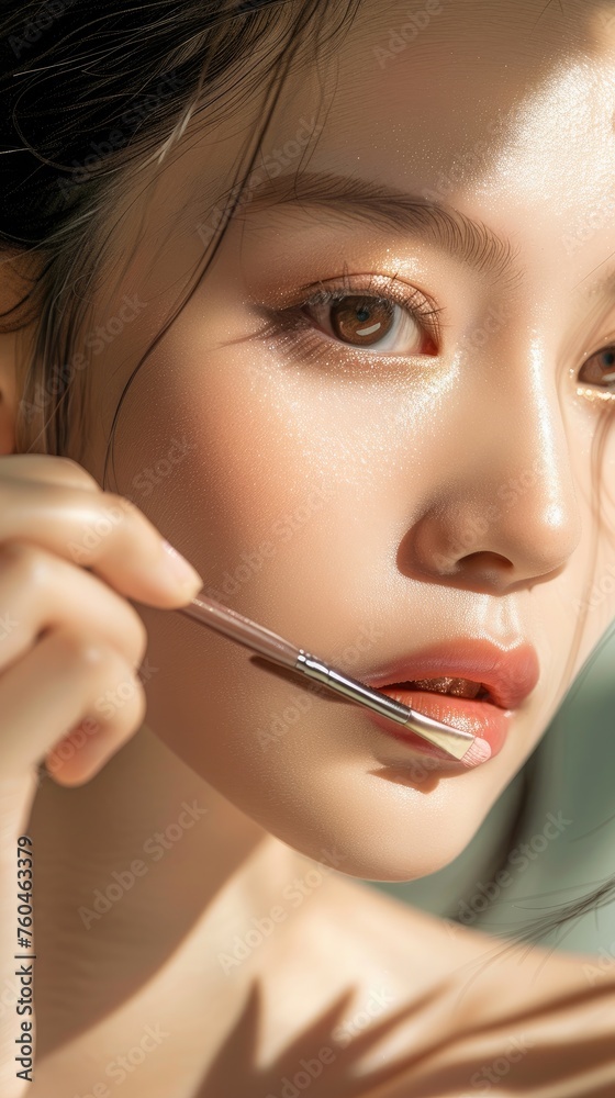 Asian Woman Applying Gloss for Radiant Makeup Look. Asian Woman Applying Gloss for Radiant Makeup Look.