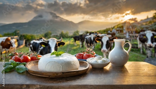 Mozzarella cheese on a table background Cows in the pasture
