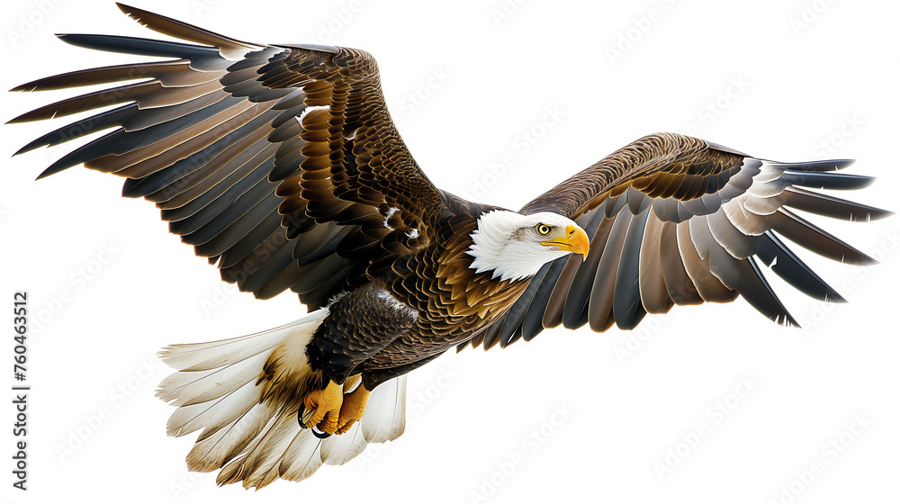 Bald Eagle flying in forest on white background, side view, front view, leadership, freedom, wildlife Bald Eagle flying in forest on white background, side view, front view, leadership, freedom, wildlife