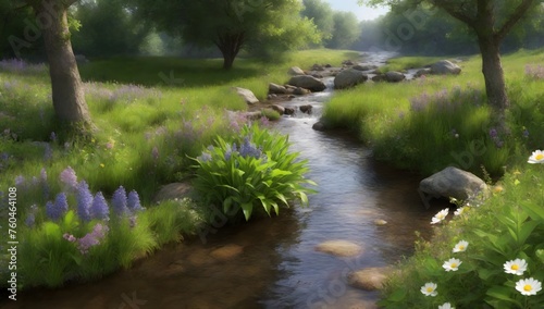 A babbling brook surrounded by lush greenery and blooming wildflowers
