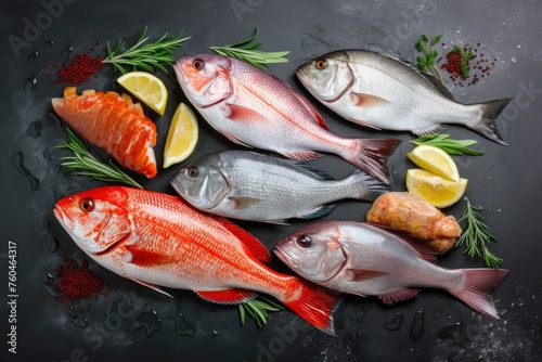 top view of vary kind of fish with copy space for text. food background for stock photography - generative ai