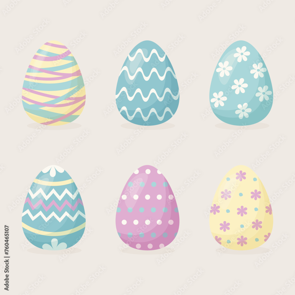 An illustration of a set of Easter eggs. Decorated Easter eggs in the flat style.