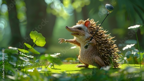 Hedgehog Embracing the Joy of Golfing in a Lush Forest