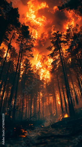 Fire engulfing dark forest  wide angle  night inferno 