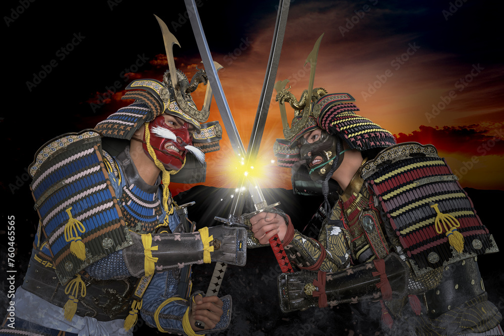 戦国武将が日本刀で鍔迫り合いで激しく攻撃している Stock Illustration | Adobe Stock