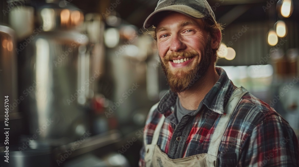 Obraz premium Cheerful farmer during a modern farm milking session in casual workwear