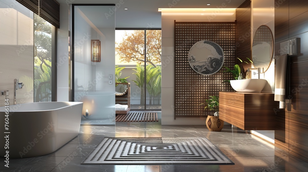 A modern Asian bathroom with clean lines, minimalist design, and a geometric-patterned rug inspired by Chinese art.