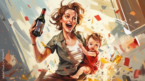 A drunk woman holding her child and a bottle of alcohol in her arms