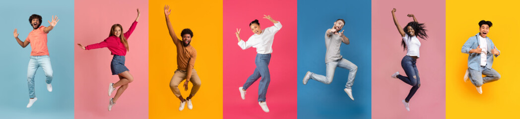 Group of energetic young people leap in the air, expressing happiness