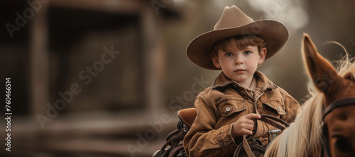 little boy in a cowboy costume, wearing a hat, riding a pony photo