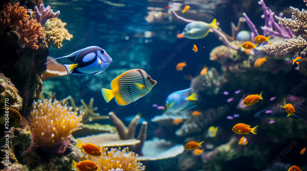 Naklejka premium beautiful underwater scenery with various types of fish and coral reefs